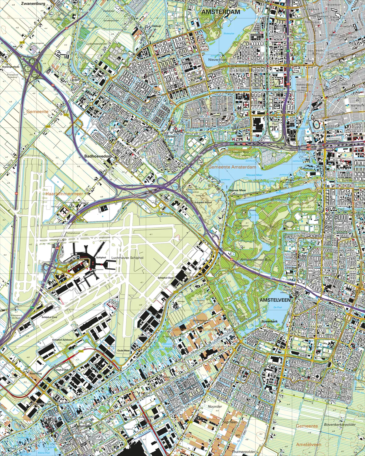 Topographic map of Amstelveen and Schiphol